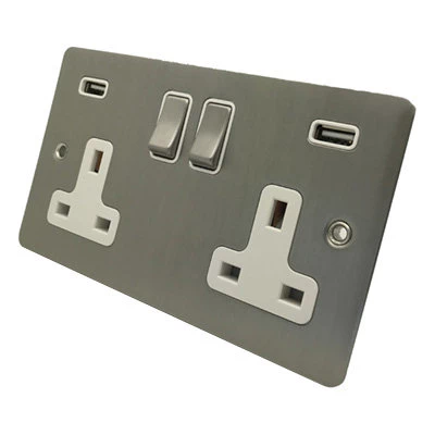 Flat Satin Stainless Plug Socket with USB Charging
