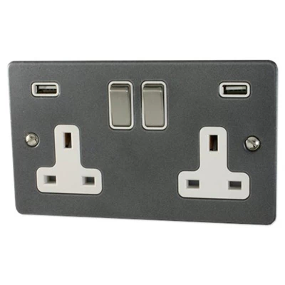 Flat Dark Pewter Plug Socket with USB Charging