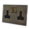 2 Gang - Double 13 Amp Switched Plug Socket : Black Trim Antique Edge Antique Brass Switched Plug Socket