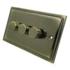 3 Gang Combination - 1 x LED Dimmer + 2 x 2 Way Push Switch Art Deco Classic Antique Brass LED Dimmer and Push Light Switch Combination