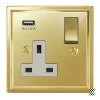1 Gang - Single 13 Amp Plug Socket with USB A Charging Port - White Trim Art Deco Polished Brass Plug Socket with USB Charging