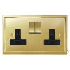 2 Gang - Double 13 Amp Switched Plug Socket : Black Trim Art Deco Polished Brass Switched Plug Socket