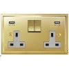 2 Gang - Double 13 Amp Plug Socket with 2 USB A Charging Ports - 1 USB for Tablet | Phone Charging and 1 Phone Charging Socket - White Trim  Art Deco Polished Brass Plug Socket with USB Charging