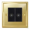 2 Gang Non-Isolated Coaxial T.V. : Black Trim Art Deco Polished Brass TV Socket