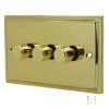 3 Gang 100W 2 Way LED (Trailing Edge) Dimmer (Min Load 1W, Max Load 100W) Art Deco Polished Brass LED Dimmer
