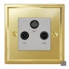 TV Aerial Socket, Satellite F Connector (SKY) and FM Aerial Socket combined on one plate : White Trim Art Deco Polished Brass TV, FM and SKY Socket