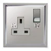 1 Gang - Single 13 Amp Light Switches : White Trim Art Deco Polished Chrome Switched Plug Socket