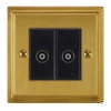 2 Gang Non-Isolated Coaxial TV Socket : Black Trim Art Deco Satin Brass TV Socket
