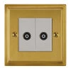2 Gang Non-Isolated Coaxial TV Socket : White Trim Art Deco Satin Brass TV Socket