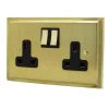 2 Gang - Double 13 Amp Switched Plug Socket : Black Trim Art Deco Satin Brass Switched Plug Socket