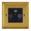 TV Aerial Socket, Satellite F Connector (SKY) and FM Aerial Socket combined on one plate : Black Trim Art Deco Satin Brass TV, FM and SKY Socket