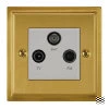 TV Aerial Socket, Satellite F Connector (SKY) and FM Aerial Socket combined on one plate : White Trim Art Deco Satin Brass TV, FM and SKY Socket