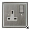 1 Gang - Single 13 Amp Switched Plug Socket : White Trim Art Deco Satin Chrome Switched Plug Socket