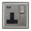 1 Gang - Single 13 Amp Plug Socket with USB A Charging Port - Black Trim Art Deco Satin Chrome Plug Socket with USB Charging