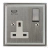 1 Gang - Single 13 Amp Plug Socket with USB A Charging Port - White Trim Art Deco Satin Chrome Plug Socket with USB Charging