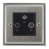 TV Aerial Socket, Satellite F Connector (SKY) and FM Aerial Socket combined on one plate : Black Trim Art Deco Satin Chrome TV, FM and SKY Socket