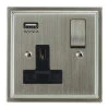 1 Gang - Single 13 Amp Plug Socket with USB A Charging Port - Black Trim Art Deco Satin Nickel Plug Socket with USB Charging