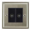 2 Gang Non-Isolated Coaxial TV Socket : Black Trim Art Deco Satin Nickel TV Socket