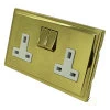 2 Gang - Double 13 Amp Switched Plug Sockets : White Trim Art Deco Screwless Polished Brass Switched Plug Socket