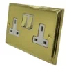 2 Gang - Double 13 Amp Switched Plug Socket : White Trim Art Deco Supreme Polished Brass Switched Plug Socket