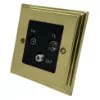 TV Aerial Socket, Satellite F Connector (SKY) and FM Aerial Socket combined on one plate : Black Trim Art Deco Supreme Polished Brass TV, FM and SKY Socket