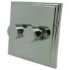 2 Gang : 1 x LED Dimmer + 1 x 2 Way Push Switch Art Deco Supreme Polished Chrome LED Dimmer and Push Light Switch Combination