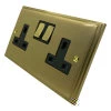 2 Gang - Double 13 Amp Switched Plug Socket : Black Trim Art Deco Supreme Satin Brass Switched Plug Socket