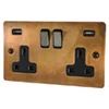2 Gang - Double 13 Amp Plug Socket with 2 USB A Charging Ports - Black Nickel