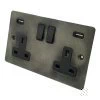 2 Gang - Double 13 Amp Plug Socket with 2 USB A Charging Ports - Black Switch