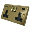 2 Gang - Double 13 Amp Plug Socket with 2 USB A Charging Ports - Brass Switches Classical Aged Old Gold Plug Socket with USB Charging