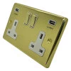 2 Gang - Double 13 Amp Plug Socket with 2 USB A Charging Ports - White Trim Classical Polished Brass Plug Socket with USB Charging