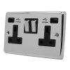 2 Gang - Double 13 Amp Plug Socket with 2 USB A Charging Ports : Black Trim Classical Polished Chrome Plug Socket with USB Charging