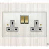 2 Gang - Double 13 Amp Switched Plug Socket : White Trim Crystal Clear (Polished Brass) Switched Plug Socket