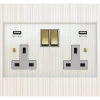 2 Gang - Double 13 Amp Plug Socket with 2 USB A Charging Ports - White Trim Crystal Clear (Polished Brass) Plug Socket with USB Charging