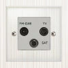 TV Aerial Socket, Satellite F Connector (SKY) and FM Aerial Socket combined on one plate : White Trim Crystal Clear (Satin Chrome) TV, FM and SKY Socket