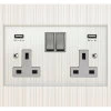 2 Gang - Double 13 Amp Plug Socket with 2 USB A Charging Ports - White Trim Crystal Clear (Satin Chrome) Plug Socket with USB Charging