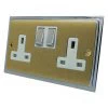 2 Gang - Double 13 Amp Switched Plug Socket : White Trim Duo Satin Brass / Polished Chrome Edge Switched Plug Socket