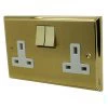 2 Gang - Double 13 Amp Switched Plug Socket : White Trim Duo Premier Plus Satin Brass (Cast) Switched Plug Socket