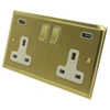 2 Gang - Double 13 Amp Plug Socket with 2 USB A Charging Ports - White Trim Duo Premier Satin Brass Plug Socket with USB Charging