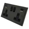 2 Gang - Double 13 Amp Plug Socket with USB C | USB A Charging Ports - Black Trim