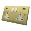 2 Gang - Double 13 Amp Plug Socket with 2 USB A Charging Ports - White Trim Edwardian Classic Satin Brass Plug Socket with USB Charging