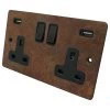 2 Gang - Double 13 Amp Plug Socket with 2 USB A Charging Ports - Black Flat Vintage Rust Plug Socket with USB Charging