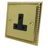 1 Gang - For table lamp lighting circuits : Black Trim Georgian Polished Brass Round Pin Unswitched Socket (For Lighting)