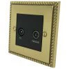TV Aerial Socket and FM Aerial Socket combined on one plate : Black Trim Palladian Polished Brass TV Socket