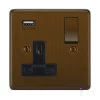 1 Gang - Single 13 Amp Plug Socket with USB A Charging Port - Black Trim Grandura Bronze Antique Plug Socket with USB Charging