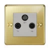 TV Aerial Socket, Satellite F Connector (SKY) and FM Aerial Socket combined on one plate : White Trim Grandura Unlacquered Brass TV, FM and SKY Socket