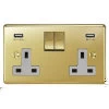 2 Gang - Double 13 Amp Plug Socket with 2 USB A Charging Ports - 1 USB for Tablet | Phone Charging and 1 Phone Charging Socket - White Trim  Grandura Unlacquered Brass Plug Socket with USB Charging