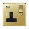 1 Gang - Single 13 Amp Plug Socket with USB A Charging Port - Black Trim Grandura Unlacquered Brass Plug Socket with USB Charging