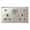 2 Gang - Double 13 Amp Plug Socket with 2 USB A Charging Ports - 1 USB for Tablet | Phone Charging and 1 Phone Charging Socket - White Trim  Grandura Polished Nickel Plug Socket with USB Charging