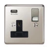 1 Gang - Single 13 Amp Plug Socket with USB A Charging Port - Black Trim Grandura Polished Nickel Plug Socket with USB Charging